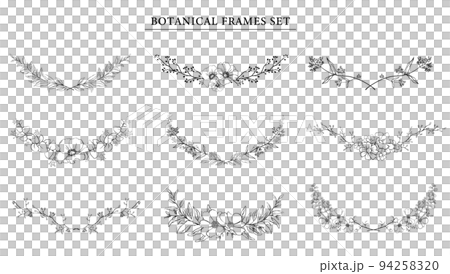 Flower hand-drawn line drawing frame set. black and white 94258320