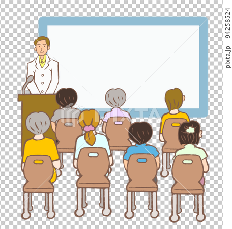 講演会をする精神科の医師と参加者の後ろ姿のイラスト 94258524