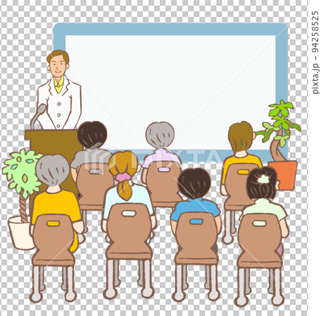 講演会をする精神科の医師と参加者の後ろ姿のイラスト　観葉植物あり 94258525