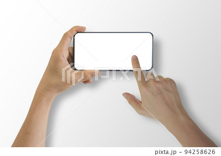 Close up of hand holding smartphone with white screen, Isolated on white background. Close up of hand holding smartphone with white screen, Isolated on white background. 94258626