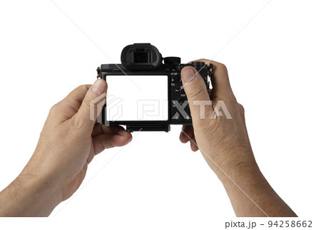a man holds a mirrorless camera with his hands  94258662