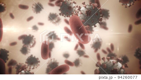Covid-19 cells and blood vessels against orange background Covid-19 cells and blood vessels against orange background 94260077