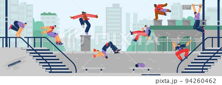 Young people performing parkour in the city, flat vector illustration. Young people performing parkour in the city, flat vector illustration. 94260462