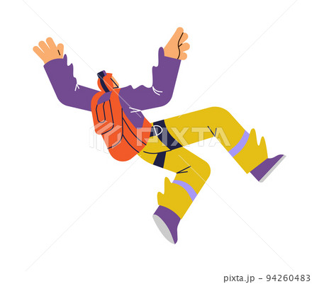 Jumping human character with backpack on back flat style 94260483