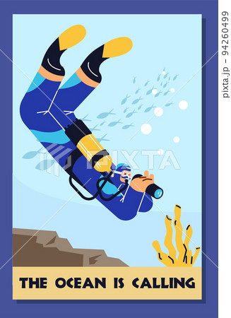 Scuba diving advertising poster, character exploring underwater life with binocular, flat vector illustration. Scuba diving advertising poster, character exploring underwater life with binocular, flat vector illustration. 94260499