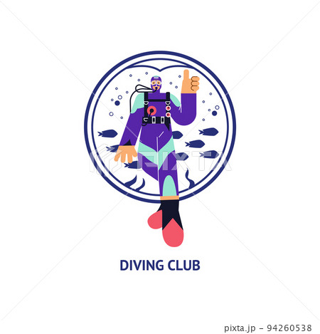 Scuba diver in special suit showing thumb, shape with silhouette of fishes and seaweeds 94260538