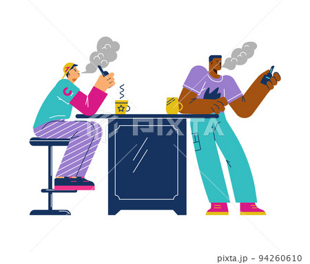 Two young men or teenagers vaping in cafe, flat vector illustration isolated on white background. Two young men or teenagers vaping in cafe, flat vector illustration isolated on white background. 94260610