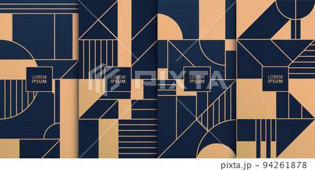 Vector set of golden luxury Invitation card design, package. Abstract geometry frame, Art deco pattern background. Use for wedding invitation, cover, VIP card, print Vector set of golden luxury Invitation card design, package. Abstract geometry frame, Art deco pattern background. Use for wedding invitation, cover, VIP card, print 94261878