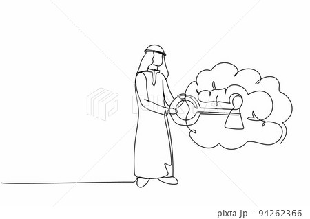 Single one line drawing Arabian businessman putting key into brain. Unlock personality for better healthy. Open mind. Mental health care, psychology. Continuous line design graphic vector illustration 94262366