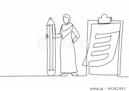 Single one line drawing Arab businesswoman with pencil, clipboard, checklist completed. Female worker holding big pencil looking at completed checklist. Continuous line draw design vector illustration Single one line drawing Arab businesswoman with pencil, clipboard, checklist completed. Female worker holding big pencil looking at completed checklist. Continuous line draw design vector illustration 94262441