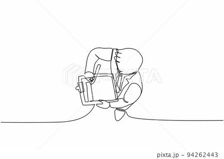 Single one line drawing top view businessman writes completed checklist on clipboard. Successful completion of tasks. Effective daily planning. Continuous line draw design graphic vector illustration 94262443
