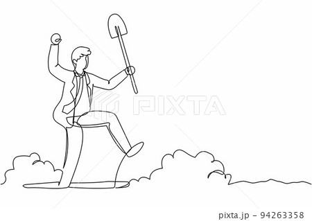 Single one line drawing excited businessman standing and holding shovel on dug ground. Happy office worker find treasures in dirt. Successful business. Continuous line draw design vector illustration Single one line drawing excited businessman standing and holding shovel on dug ground. Happy office worker find treasures in dirt. Successful business. Continuous line draw design vector illustration 94263358