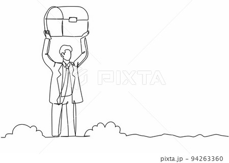 Single continuous line drawing active businessman lifting chest treasure in ground. Excited worker finding gem box artefact. Treasure gold hunting. One line draw graphic design vector illustration Single continuous line drawing active businessman lifting chest treasure in ground. Excited worker finding gem box artefact. Treasure gold hunting. One line draw graphic design vector illustration 94263360