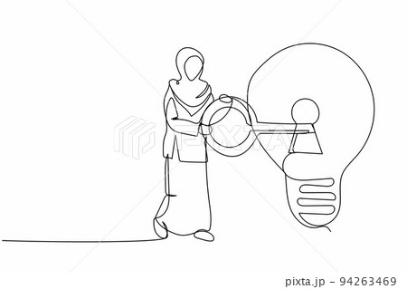 Single continuous line drawing smart Arab businesswoman put key into light bulb. Innovation in business idea, invent new product or creative thoughts. One line draw graphic design vector illustration Single continuous line drawing smart Arab businesswoman put key into light bulb. Innovation in business idea, invent new product or creative thoughts. One line draw graphic design vector illustration 94263469