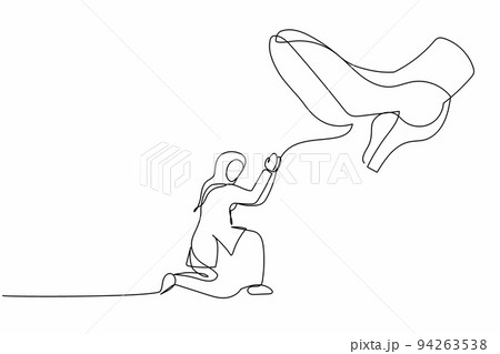 Single one line drawing young Arab businesswoman kneel down under giant feet. Concept for authority, exploitation, dictator figure. Minimal metaphor. Continuous line design graphic vector illustration 94263538