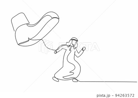 Continuous one line drawing brave Arabian businessman run away from stomping foot. Male employee oppressed by boss with under big shoe. Minimalist metaphor. Single line draw design vector illustration 94263572