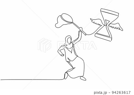Single one line drawing Arab businesswoman try to catching flying hourglass with butterfly net. Losing measurement project deadline. Business metaphor. Continuous line draw design vector illustration Single one line drawing Arab businesswoman try to catching flying hourglass with butterfly net. Losing measurement project deadline. Business metaphor. Continuous line draw design vector illustration 94263617