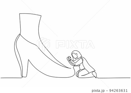 Continuous one line drawing businesswoman kneeling a giant foot or shoe. Female manager apologize to executive director. Minimal metaphor concept. Single line draw design vector graphic illustration 94263631