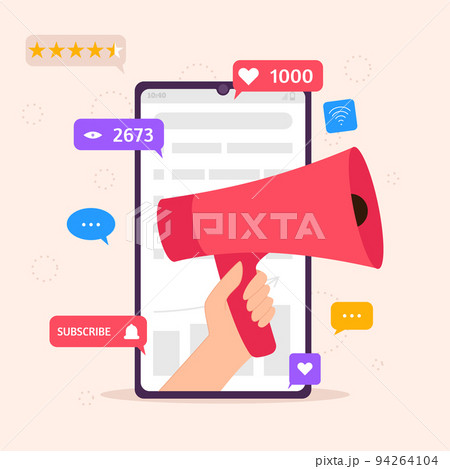 Human hand holding loudspeaker. Social media marketing concept with icons of SMM. Digital marketing campaign, announcement and promotion web banner. Flat vector illustration. 94264104
