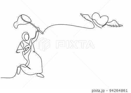 Single one line drawing Arabian businesswoman try to catching flying heart with butterfly net. Breakup concept. Relationship that can't be continued. Continuous line design graphic vector illustration Single one line drawing Arabian businesswoman try to catching flying heart with butterfly net. Breakup concept. Relationship that can't be continued. Continuous line design graphic vector illustration 94264861
