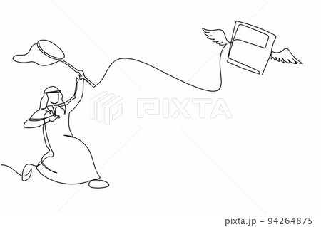 Single continuous line drawing Arabian businessman try to catching flying book with butterfly net. Low education due to lack of reading. Business metaphor. One line graphic design vector illustration Single continuous line drawing Arabian businessman try to catching flying book with butterfly net. Low education due to lack of reading. Business metaphor. One line graphic design vector illustration 94264875
