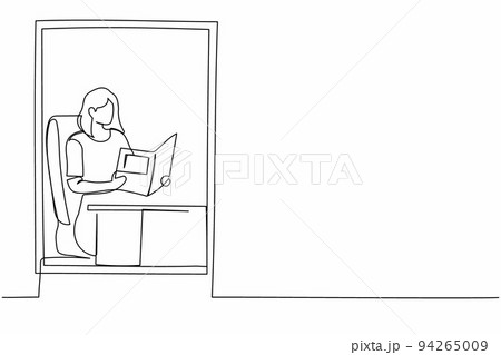 Single continuous line drawing young woman reading book. Businesswoman reader. Person update knowledge, sitting in armchair by window in living room. One line draw graphic design vector illustration Single continuous line drawing young woman reading book. Businesswoman reader. Person update knowledge, sitting in armchair by window in living room. One line draw graphic design vector illustration 94265009