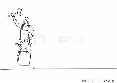 Single one line drawing female blacksmith wearing apron forges small sword on the anvil. Craftswoman standing working with hot iron at workshop. Continuous line draw design graphic vector illustration Single one line drawing female blacksmith wearing apron forges small sword on the anvil. Craftswoman standing working with hot iron at workshop. Continuous line draw design graphic vector illustration 94265010