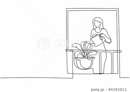 Continuous one line drawing active woman watering flowers on the balcony. Young lady doing gardening favorite hobby. Home garden, house plants growing. Single line design vector graphic illustration 94265011