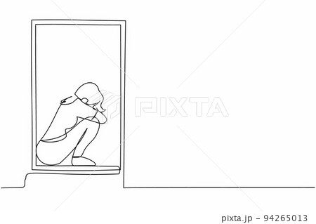 Single continuous line drawing desperate young woman sitting on windowsill. Upset, depression, stress, melancholy, despair, frustration, life problems. One line draw graphic design vector illustration 94265013