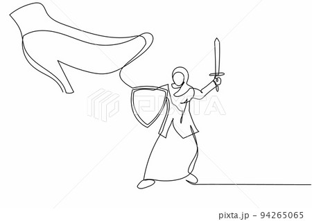 Single one line drawing Arabian businesswoman fight to giant foot with shield and sword. Office worker against boss big shoe stomp. Minimal metaphor. Continuous line design graphic vector illustration 94265065
