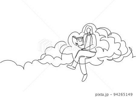 Single one line drawing clever businesswoman sitting on cloud and reading book. Studying for higher education. Pursuit career growth in the office. Continuous line design graphic vector illustration Single one line drawing clever businesswoman sitting on cloud and reading book. Studying for higher education. Pursuit career growth in the office. Continuous line design graphic vector illustration 94265149