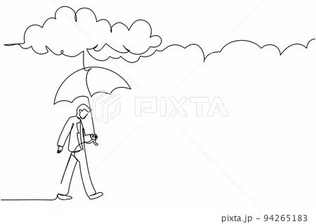 Single continuous line drawing businessman walking with umbrella under rain cloud. Depression, passerby at rainy weather. Drenched man, water pour from sky. One line graphic design vector illustration Single continuous line drawing businessman walking with umbrella under rain cloud. Depression, passerby at rainy weather. Drenched man, water pour from sky. One line graphic design vector illustration 94265183