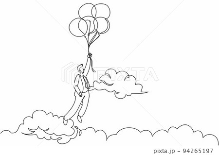 Single one line drawing businessman floating and holding flying balloon through cloud. Office worker reaches goal, target, find solution. Modern continuous line draw design graphic vector illustration 94265197
