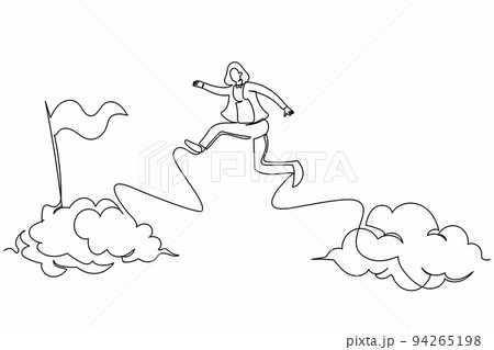 Continuous one line drawing brave businesswoman jump and leap over clouds to reach success target flag. Challenge of her career. Business metaphor. Single line draw design vector graphic illustration 94265198
