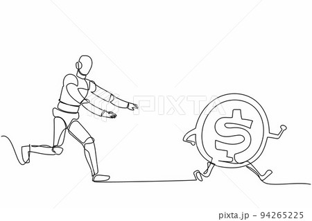 Continuous one line drawing robot chase dollar coin. Huge money in robotic industry investment. Humanoid robot cybernetic organism. Robotic development. Single line graphic design vector illustration Continuous one line drawing robot chase dollar coin. Huge money in robotic industry investment. Humanoid robot cybernetic organism. Robotic development. Single line graphic design vector illustration 94265225