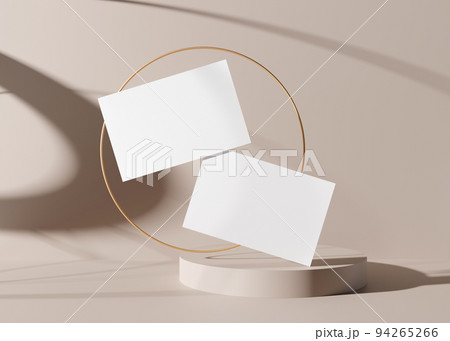 Blank white business cards with golden ring on the cream background. Mockup for branding identity. Two cards to show both sides. Template for graphic designer. Free space, copy space. 3D rendering. 94265266
