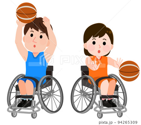 車椅子バスケットボールをする男女 イラストのイラスト素材