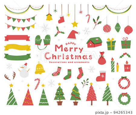 クリスマスのかわいいイラストセット 飾り 素材 オーナメント プレゼント 冬 雪 サンタ帽 リボン クリスマスのかわいいイラストセット 飾り 素材 オーナメント プレゼント 冬 雪 サンタ帽 リボン 94265343
