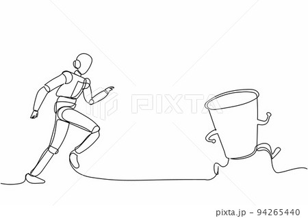 Single continuous line drawing robot run chasing paper cup. Recycling waste treatment plant. Modern robotic artificial intelligence. Electronic technology industry. One line draw graphic design vector 94265440
