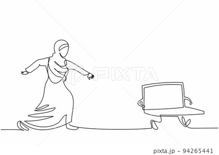 Single continuous line drawing Arab businesswoman try to chase laptop. Female manager works in office who has deadlines and tasks. Business metaphor. One line draw graphic design vector illustration 94265441