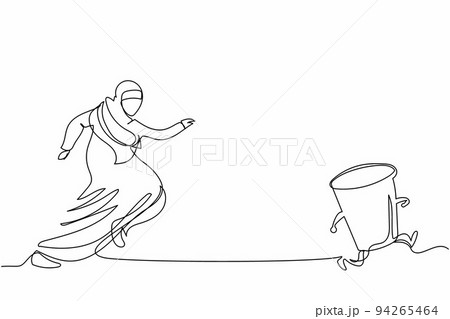 Single continuous line drawing Arab businesswoman run chasing paper cup. Concept of fast food, thirsty, drink. Resting time worker employee from work. One line draw graphic design vector illustration 94265464