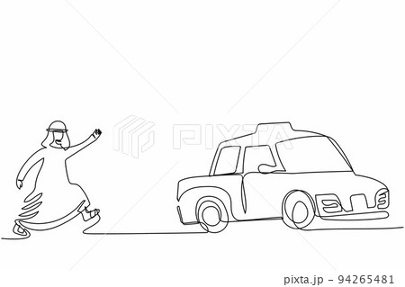 Continuous one line drawing Arab businessman running chasing taxi. Arabian manager in a hurry running to get a car, move with great haste to catch public transportation. Single line draw design vector 94265481
