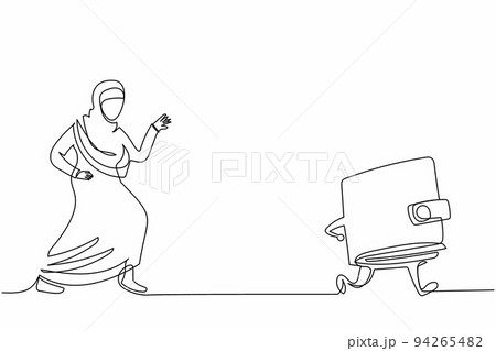 Single continuous line drawing Arab businesswoman chasing wallet. Purse for save money dollar cash. Shopping, market, buying, paying, finance concept. One line draw graphic design vector illustration 94265482
