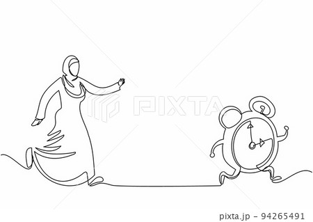 Single one line drawing Arab businesswoman chasing alarm clock. Hurry wake up in the morning to work. Female worker chase by deadline project. Continuous line draw design graphic vector illustration 94265491