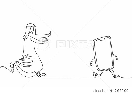 Single one line drawing Arab businessman run chasing smartphone. Communication technology in digital era. Send message, email, chat, text, image, video. Continuous line draw design vector illustration Single one line drawing Arab businessman run chasing smartphone. Communication technology in digital era. Send message, email, chat, text, image, video. Continuous line draw design vector illustration 94265500