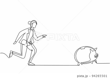 Single continuous line drawing businesswoman chasing piggy bank, trying to catch it and return his money. Financial crisis, ROI, return on investment business. One line draw design vector illustration Single continuous line drawing businesswoman chasing piggy bank, trying to catch it and return his money. Financial crisis, ROI, return on investment business. One line draw design vector illustration 94265501