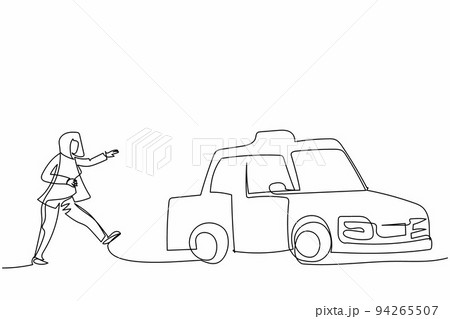 Continuous one line drawing businesswoman run chasing try to catch taxi cab. Hurry running to get a car, yellow public passenger vehicle. Business metaphor. Single line draw design vector illustration Continuous one line drawing businesswoman run chasing try to catch taxi cab. Hurry running to get a car, yellow public passenger vehicle. Business metaphor. Single line draw design vector illustration 94265507