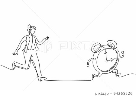 Single continuous line drawing stressed businesswoman chasing alarm clock. Manager being chased by work deadlines. Running out of time. Business metaphor. One line graphic design vector illustration 94265526