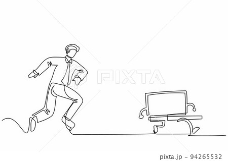 Continuous one line drawing furious businessman chasing laptop computer. Concept of stress, angry, burnout, headache, depression. Business metaphor. Single line draw design vector graphic illustration Continuous one line drawing furious businessman chasing laptop computer. Concept of stress, angry, burnout, headache, depression. Business metaphor. Single line draw design vector graphic illustration 94265532