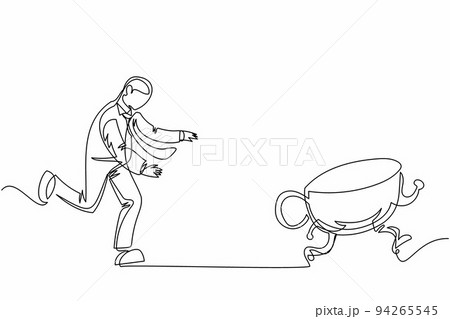 Single one line drawing businessman run chasing try to catch coffee cup. Concept of thirsty, drink, taking, time, speaking. Business metaphor. Continuous line draw design graphic vector illustration Single one line drawing businessman run chasing try to catch coffee cup. Concept of thirsty, drink, taking, time, speaking. Business metaphor. Continuous line draw design graphic vector illustration 94265545